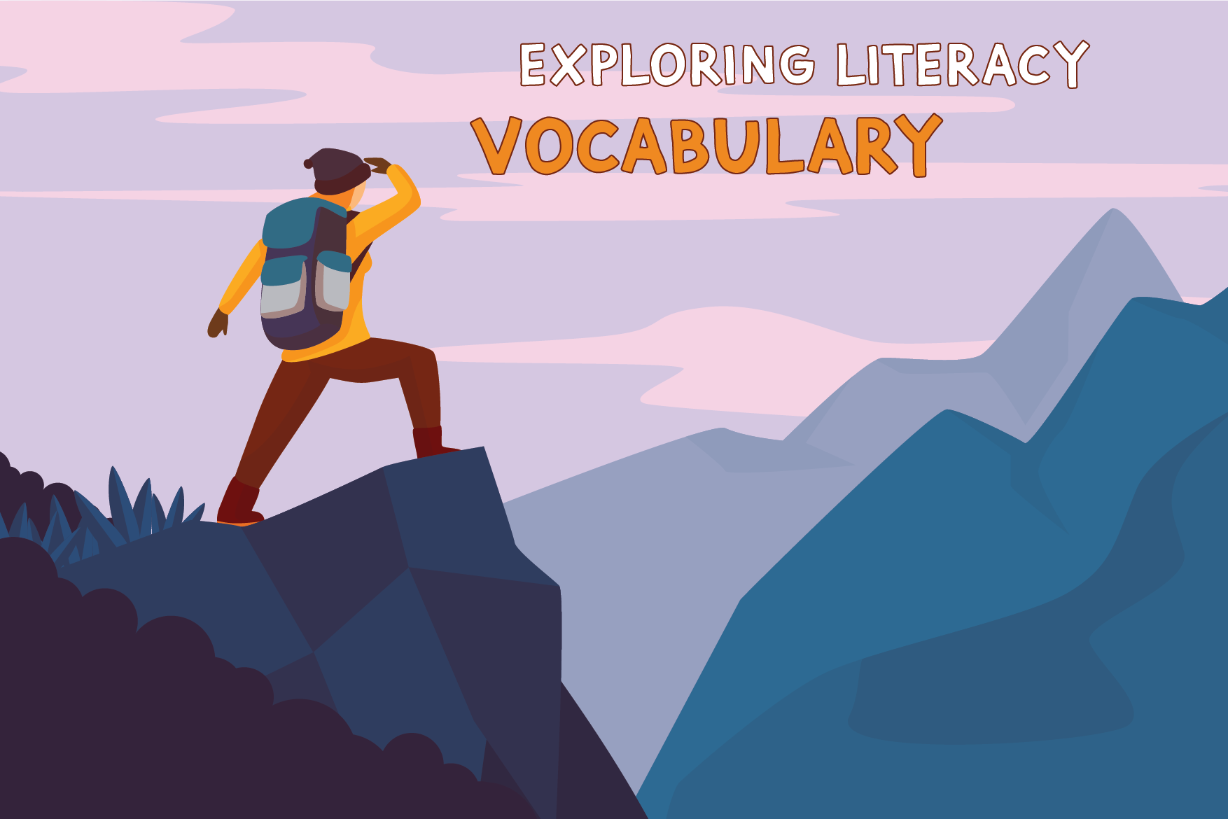 Cartoon hiker standing on peak staring out across mountains - Exploring Literacy course logo