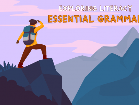 Cartoon hiker standing on peak staring out across mountains - Exploring Literacy course logo